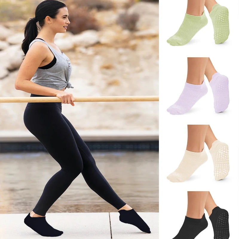 4 Pairs Grip Socks for Women Non Slip Yoga Socks Pilates Breathable Mesh Short Socks Cotton Low Cut Gym Fitness Dance Sport Sock